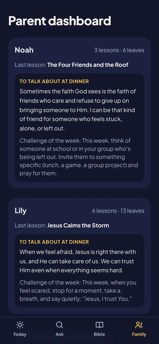 Real Versilu screen: the parent dashboard
