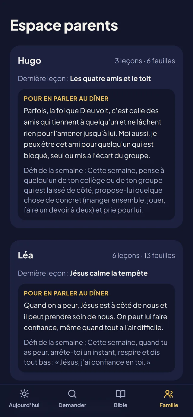 Écran réel de Versilu : l’espace parents
