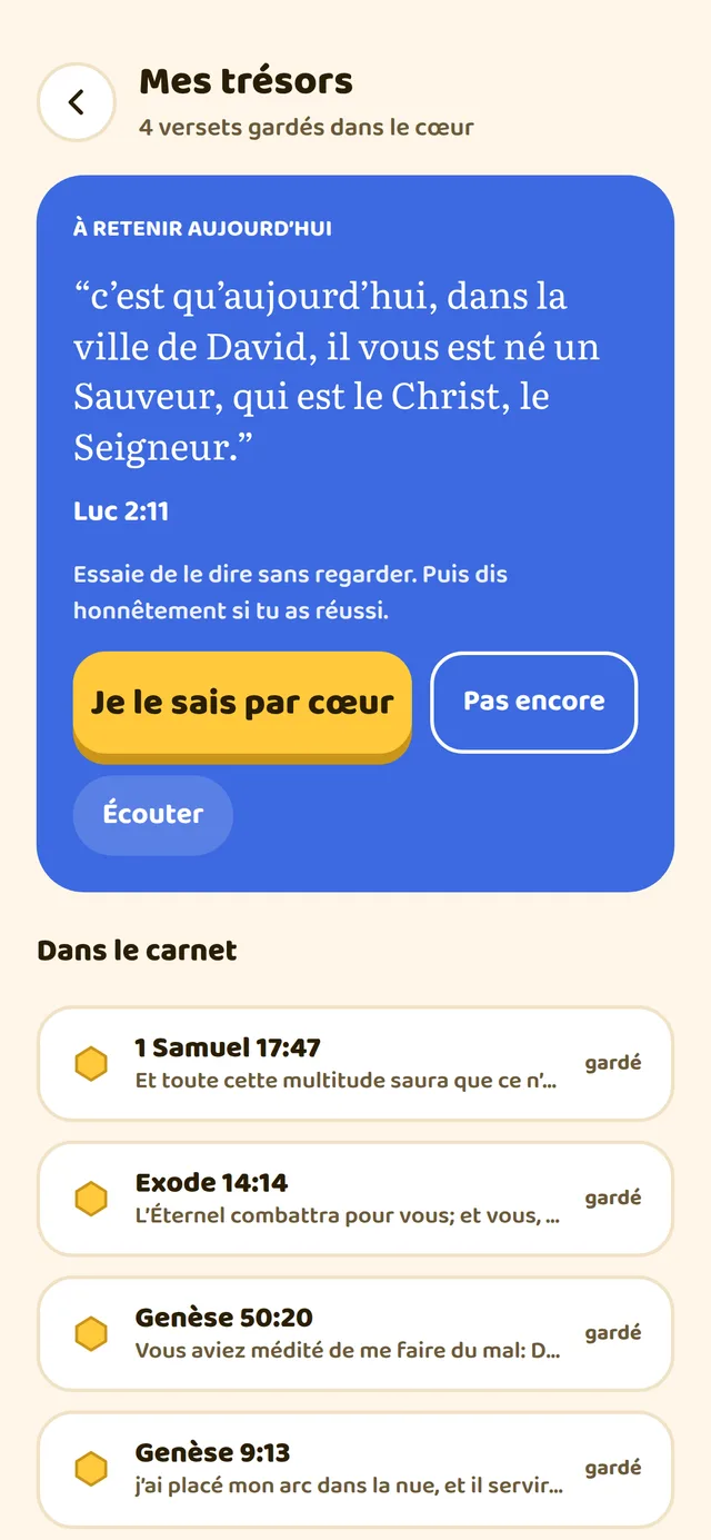 Le carnet de trésors avec les versets appris